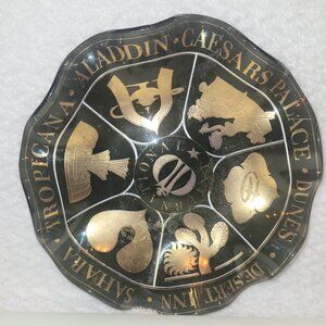 Vintage Gold Black Las Vegas Hotel Casino Glass Trinket Ashtray Bowl 7"